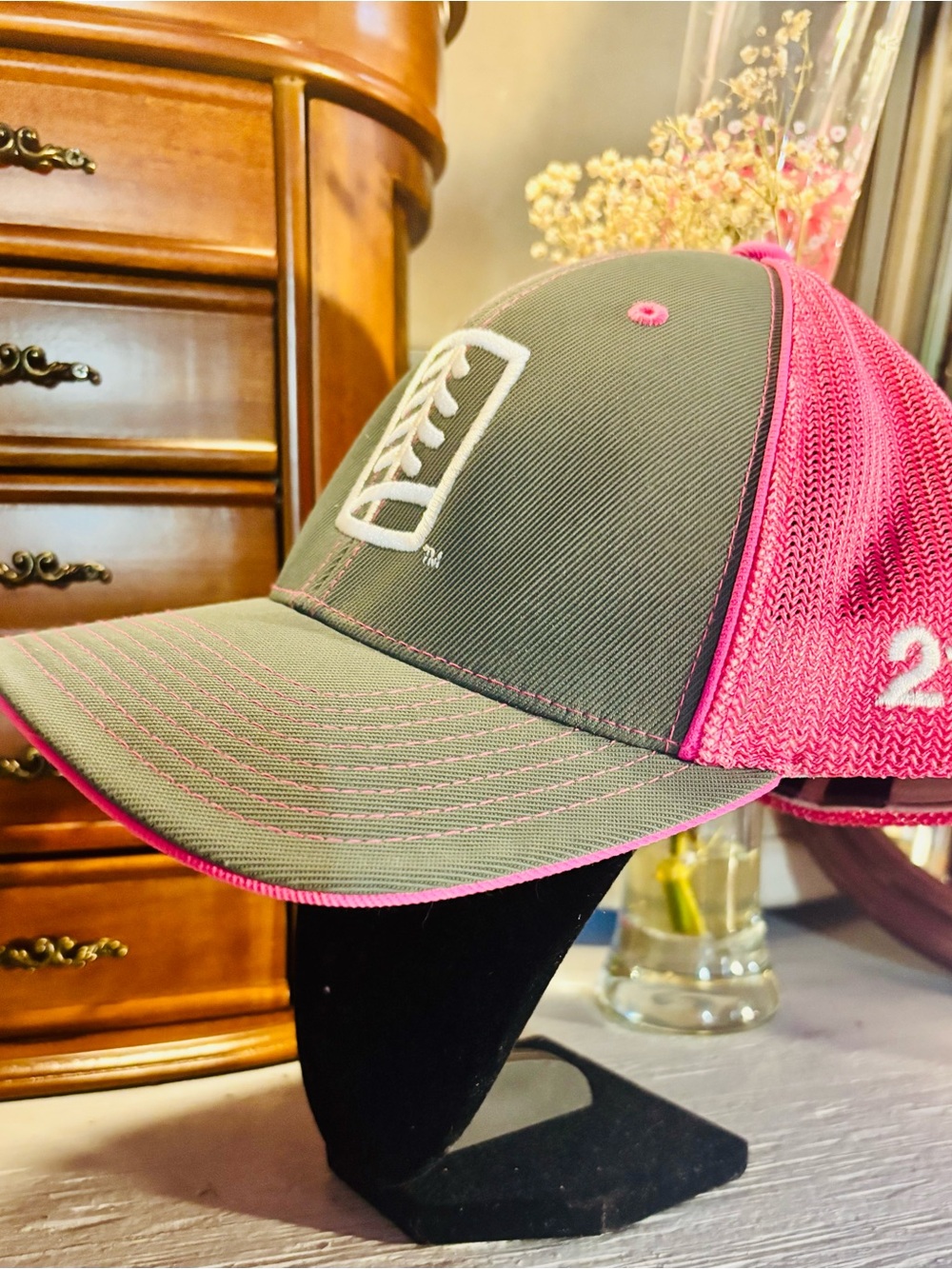 Pacifica Gray and Pink Mesh-Back Trucker Hat with Embroidered Logo